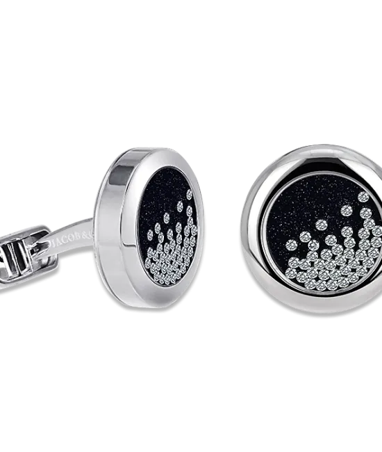 Circular White Gold Cufflinks White Diamonds Black Background