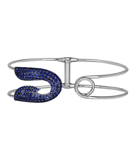 White Gold Blue Sapphire and Diamond Safety Pin Bracelet