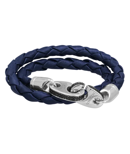 Perfect Fit Bracelet Double Strap White Gold with Black Diamonds on Braided Navy Blue Leather