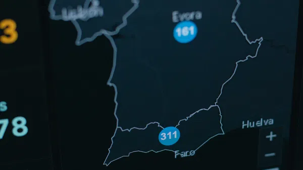 Close-up of a digital map showing regions Evora and Faro with highlighted data points 161 and 311.