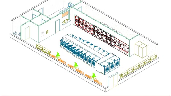 Isometric layout of a laundromat with washing machines, dryers, benches, and waiting chairs in Lake Wales location.