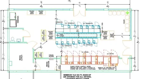 Architectural floor plan of a laundry facility featuring dryers, folding tables, seating area, vending machine, and utility rooms.