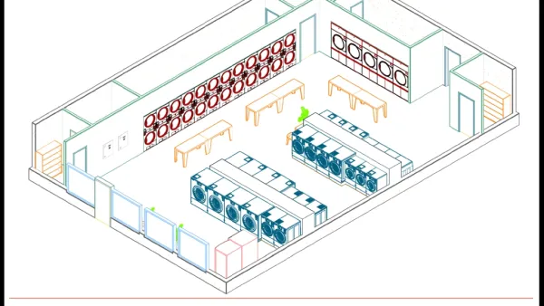 Isometric floor plan illustration of Arcadia laundromat interior with washing machines, dryers, and folding tables