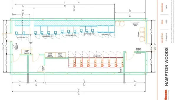 Architectural floor plan of Hampton Woods with detailed room layouts and measurements in feet and inches.