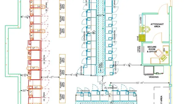Detailed floor plan of Rivers Ave Laundromart showing seating, utility rooms, play area, and vending spaces.