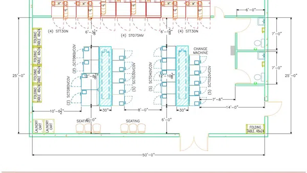 Floor plan of Louisburg Laundry showing machine layout, seating, folding tables, restrooms, and entry points.