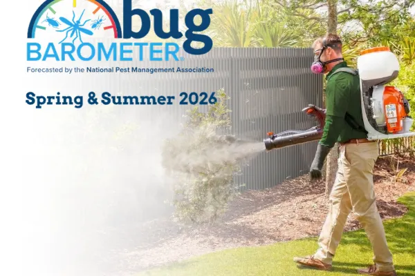 Person wearing protective gear spraying pesticide in garden with Bug Barometer Spring & Summer 2026 logo