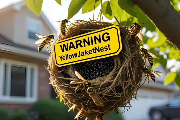 Yellow jacket nest hanging from tree branch with warning sign and several yellow jackets on and around it.