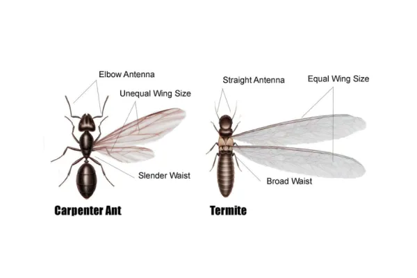 Comparison diagram showing key differences between carpenter ant and termite anatomy and wing structure.
