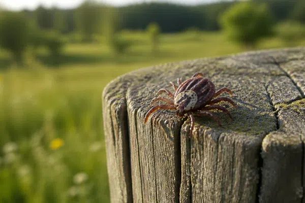 Close-up of a tick on weathered wooden post in a grassy outdoor field under sunlight.