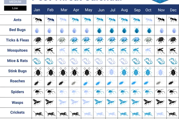 Monthly pest threat calendar showing high, medium, and low activity for various pests throughout the year.