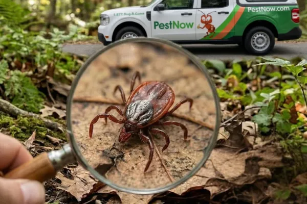 Close-up of a tick on a leaf viewed through a magnifying glass with a PestNow pest control truck in background.