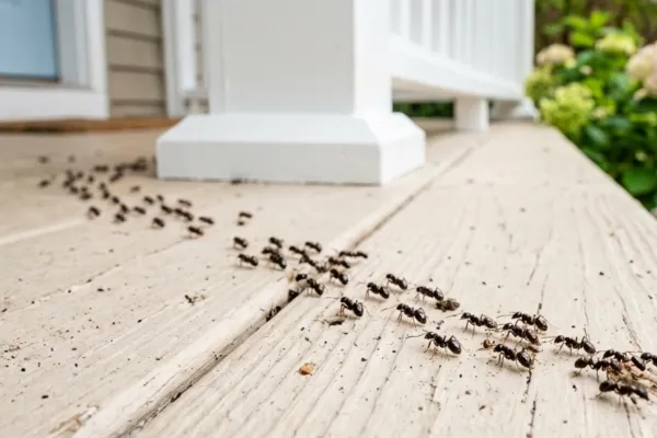 Close-up of a line of black ants crawling on a wooden porch floor near a white railing and green plants.