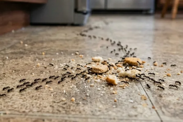 Black ants swarming cookie crumbs on a kitchen floor near wooden cabinets and stainless steel appliances.