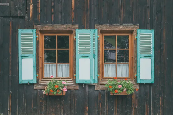 windows with shutters and flower boxes