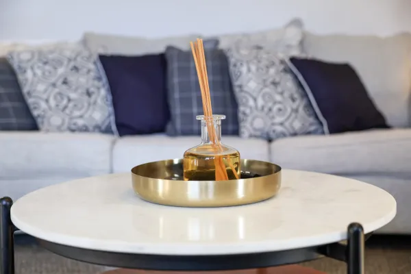 Glass diffuser with reeds in a gold tray on a white round table with patterned cushions on gray sofa