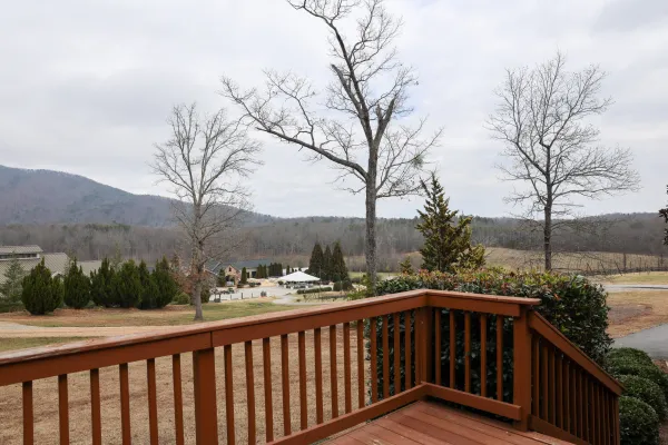 View from wooden deck overlooking rural landscape with bare trees, distant hills, and buildings under cloudy sky.