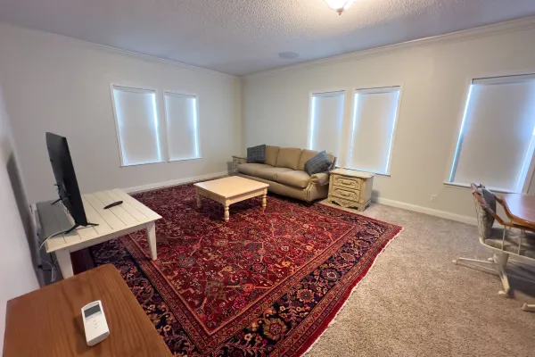 a living room with a red rug