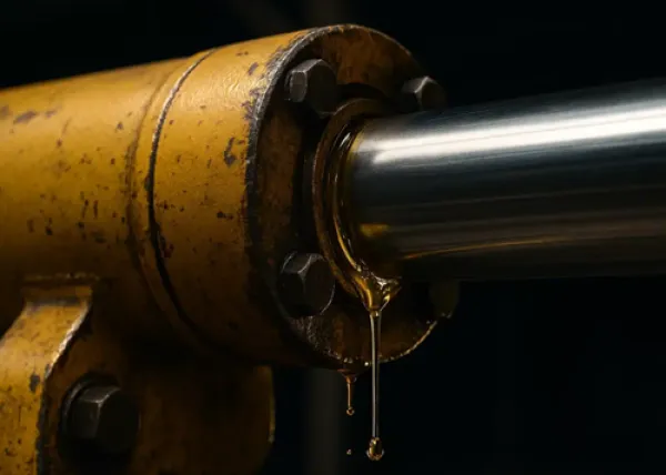 Close-up of a yellow hydraulic cylinder with oil dripping from the piston rod in a dark setting