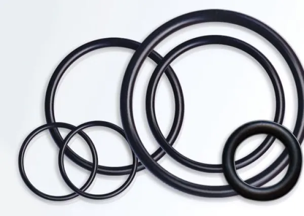 Various sizes of black rubber O-rings arranged on a white background.