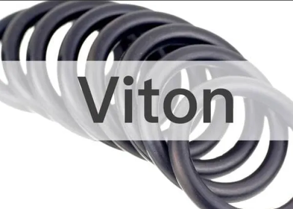 Stack of black Viton rubber O-rings with the word Viton overlay on a white background