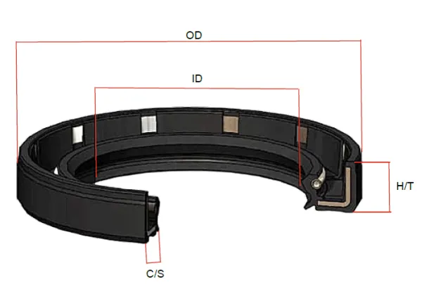 Cross-section of a black circular mechanical seal with labeled dimensions OD, ID, C/S, and H/T.