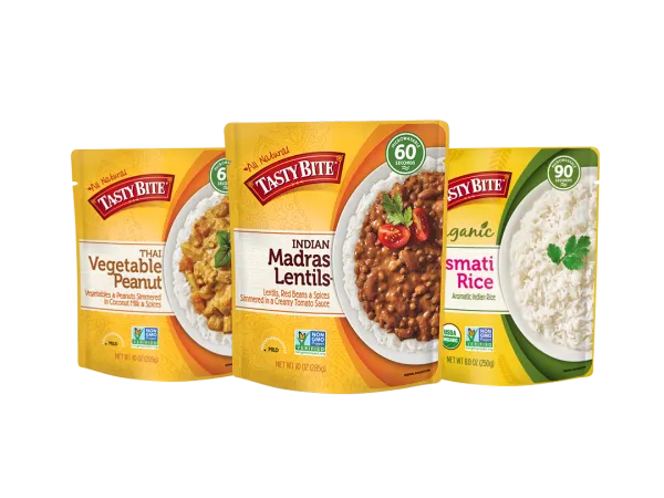 all natural tasty bite packaging for indian madras lentils, basmati rice and thai vegetable peanut
