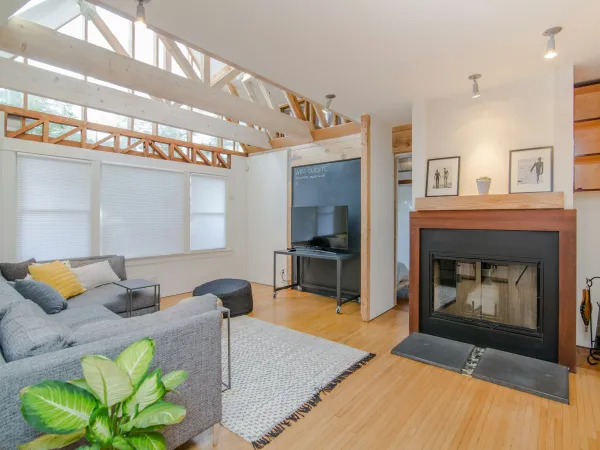 a living room with a fireplace