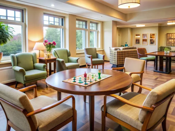a room with chairs and tables