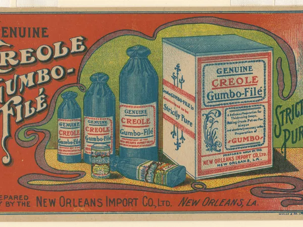 Vintage advertisement featuring Genuine Creole Gumbo-Filé products in various bottle and box sizes with colorful design.