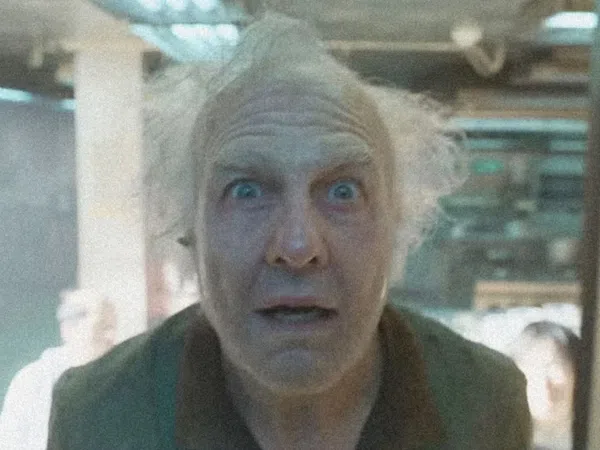 Older man with wild white hair and surprised expression looking directly at the camera indoors.