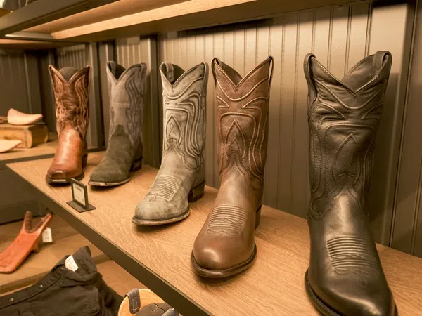 Row of brown and grey cowboy boots with detailed stitching displayed on wooden shelves