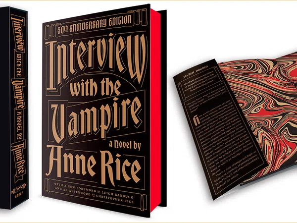 Special 50th anniversary edition of Interview with the Vampire by Anne Rice with decorative black and red cover design