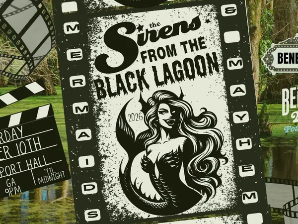 Poster for The Sirens from the Black Lagoon event on October 10th with mermaid and film-themed graphics.