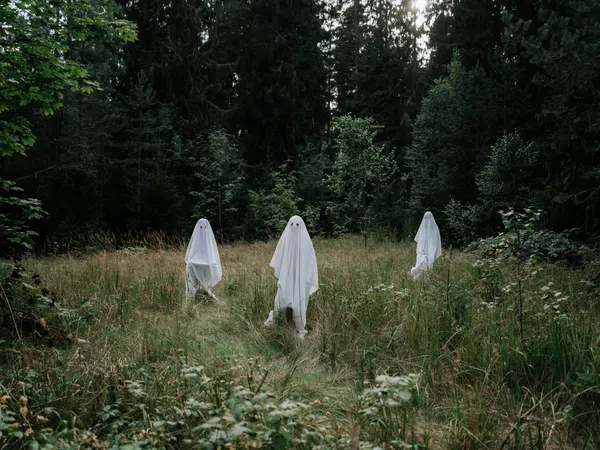 Three figures dressed in white ghost costumes standing in a grassy clearing surrounded by dense forest under overcast sky.