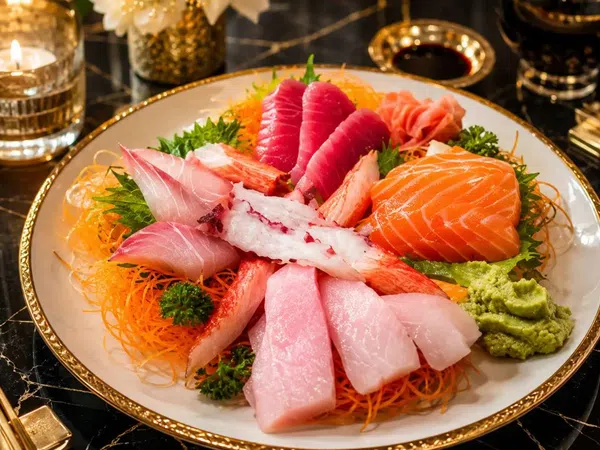 Assorted sashimi plate with salmon, tuna, white fish, crab, wasabi, and garnishes on a decorative plate.