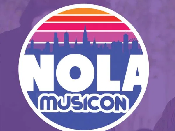 Circular NOLA MusiCon logo with city skyline silhouette and striped sunset background, with overlaid text reading NOLA MusiCon