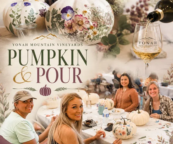 Four women painting floral designs on white pumpkins and pouring wine at a festive vineyard event.