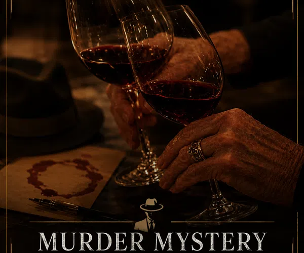 Two hands holding glasses of red wine over a table with a hat, pen, and wine stain, promoting a murder mystery dinner.