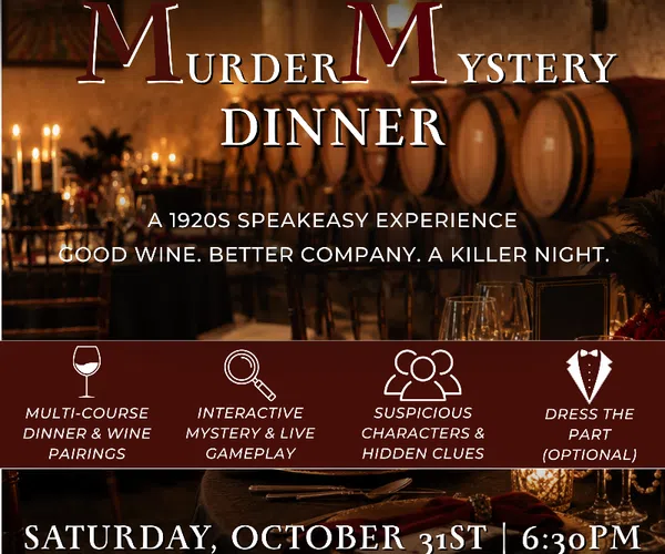 Murder Mystery Dinner event at Yonah Mountain Vineyards with wine, interactive gameplay, and 1920s speakeasy theme.