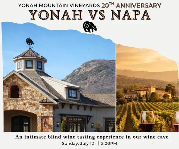 Split image showing Yonah Mountain Vineyards building with mountain and Napa vineyard at sunset with glasses of red wine.
