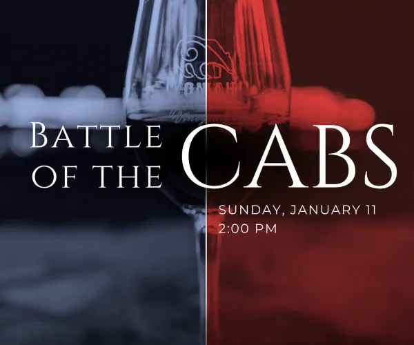 Wine glass with red wine split into blue and red tones promoting Battle of the Cabs wine tasting event