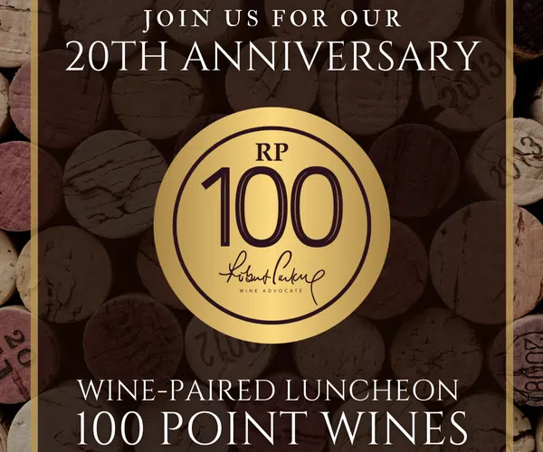 20th anniversary wine luncheon celebration by Yonah Mountain Vineyards featuring 100 point wines and wine cork background.