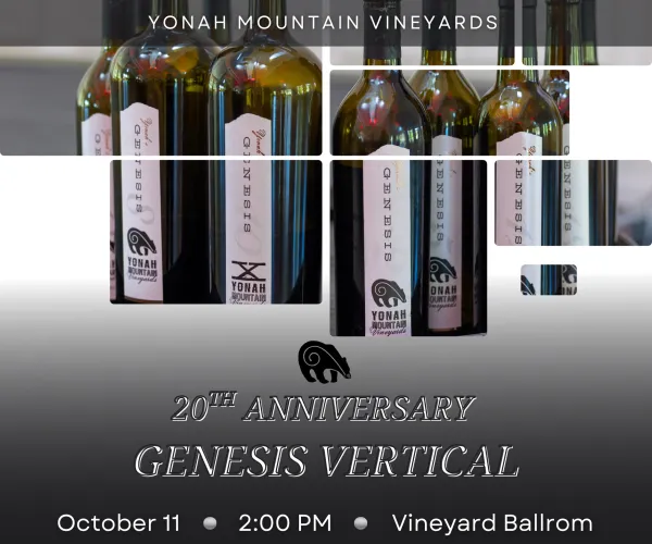 Bottles of Genesis wine from Yonah Mountain Vineyards celebrating 20th anniversary event details included.