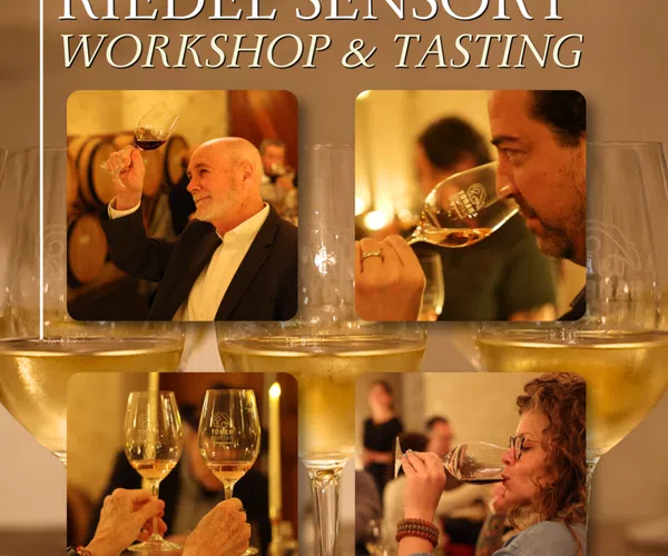 Collage of people tasting and enjoying wine at Riedel Sensory workshop event in warm, elegant setting.