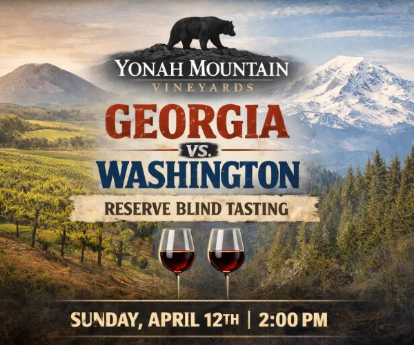 Yonah Mountain Vineyards wine event with vineyard, mountains, two red wine glasses, Georgia vs Washington tasting details.