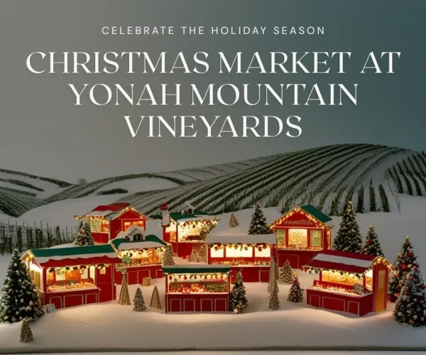 Festive Christmas market booths decorated with lights and trees in snowy vineyard setting at Yonah Mountain