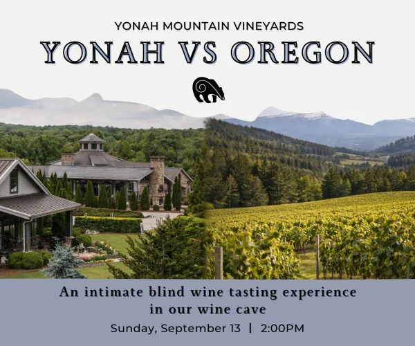 Scenic vineyard and rustic tasting room with trees and mountains promoting Yonah vs Oregon blind wine tasting event.