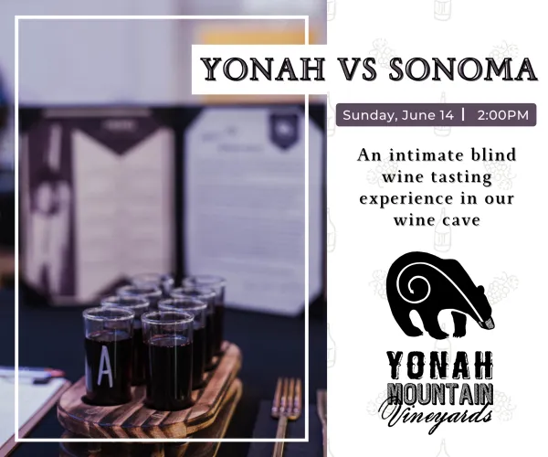 Wine tasting event flyer featuring Yonah vs Sonoma on June 14 at 2 PM with wine glasses and vineyard logo