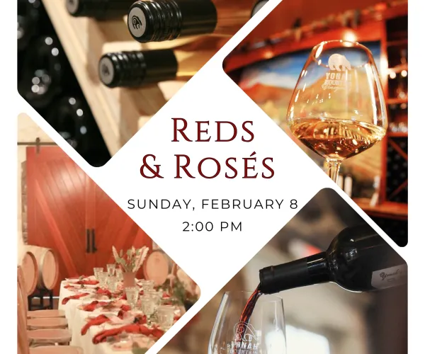 Wine bottles, a wine pour, a wine glass with white wine, and a festive table setting promoting a Reds & Rosés event.